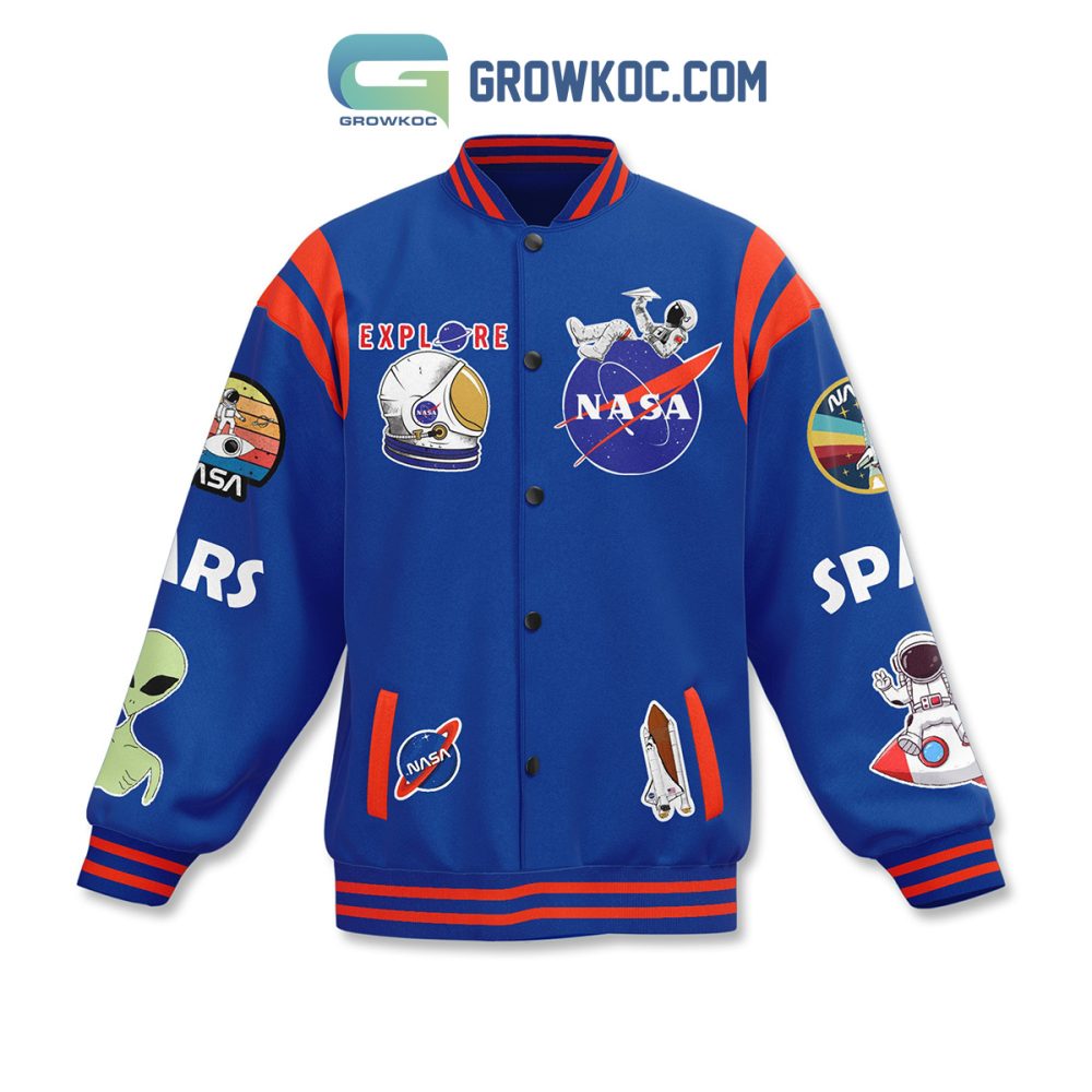 Explore Space Style: Nasa Astronaut Varsity Jacket With Patches - Bold Blue Design