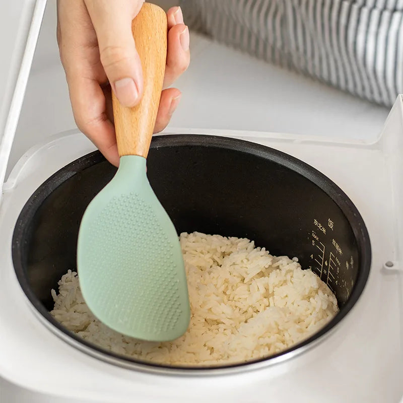 Wooden Handle Silicone Rice Spoon, Heat-Resistant, Anti-Scald, Odor-Free, for Home & Restaurants