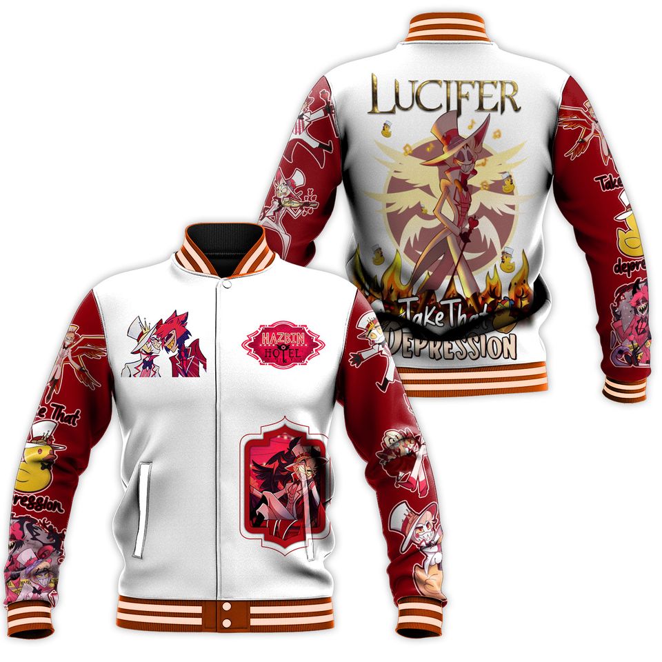Lucifer Stylish Red &amp; White Graphic Varsity Jacket - Unique Art Design &amp; Vibrant Colors
