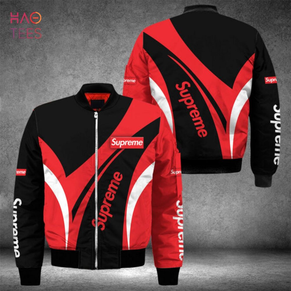 Stylish Red &amp; Black Supreme Bomber Jacket – Trendy Men'S Outerwear For Street Fashion Enthusiasts